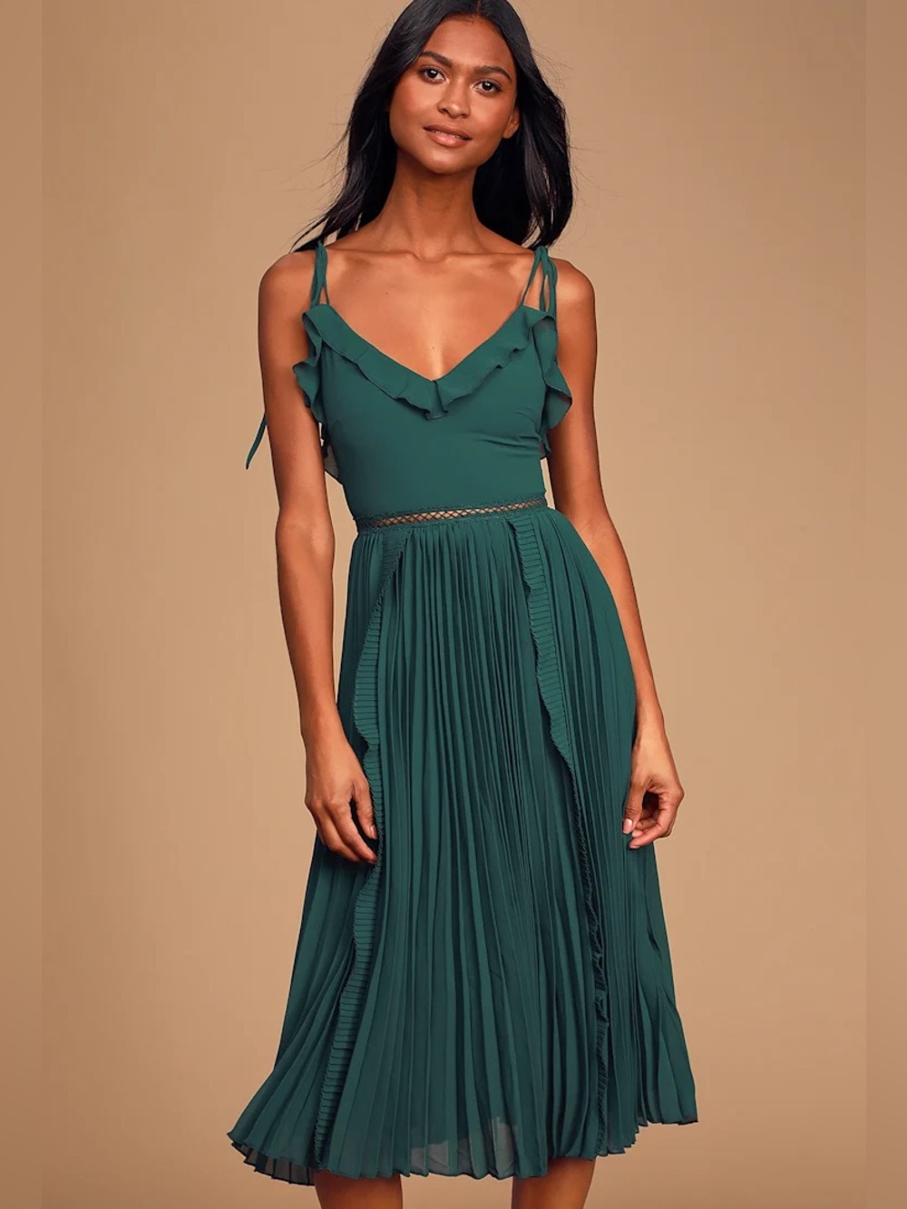 Never a Dull Moment Emerald Green Tie-Strap Pleated Midi Dress